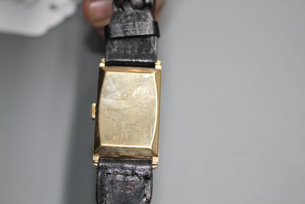 A gentlemans late 1950s 9ct gold Limit manual wind wrist watch, with rectangular Arabic dial and subsidiary seconds,